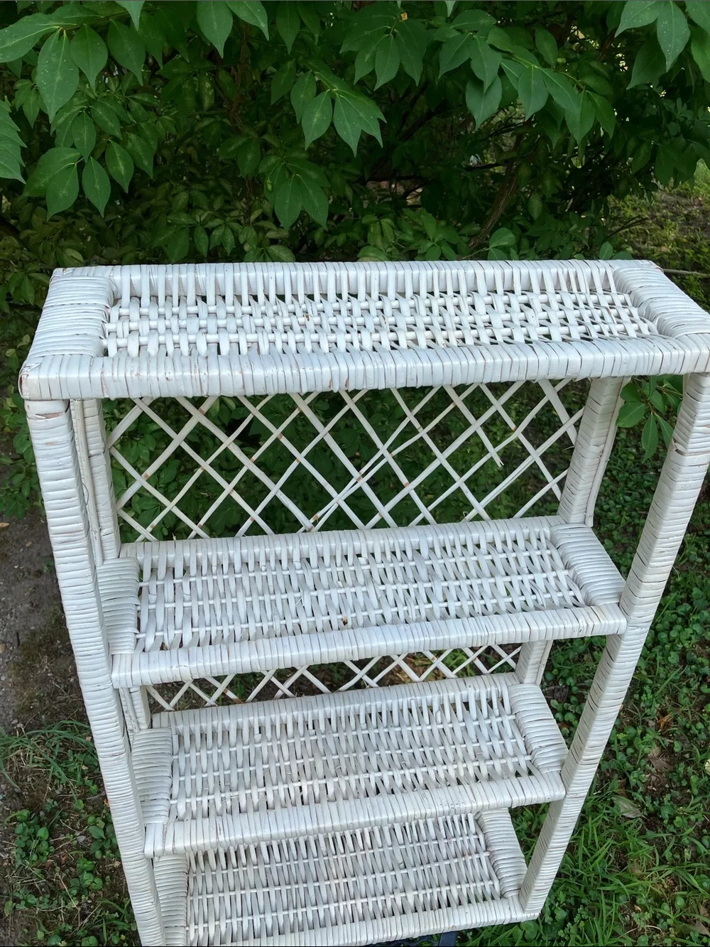 Large Vintage Shabby Chic White Wicker Three-Tier Wall Shelf or Tabletop